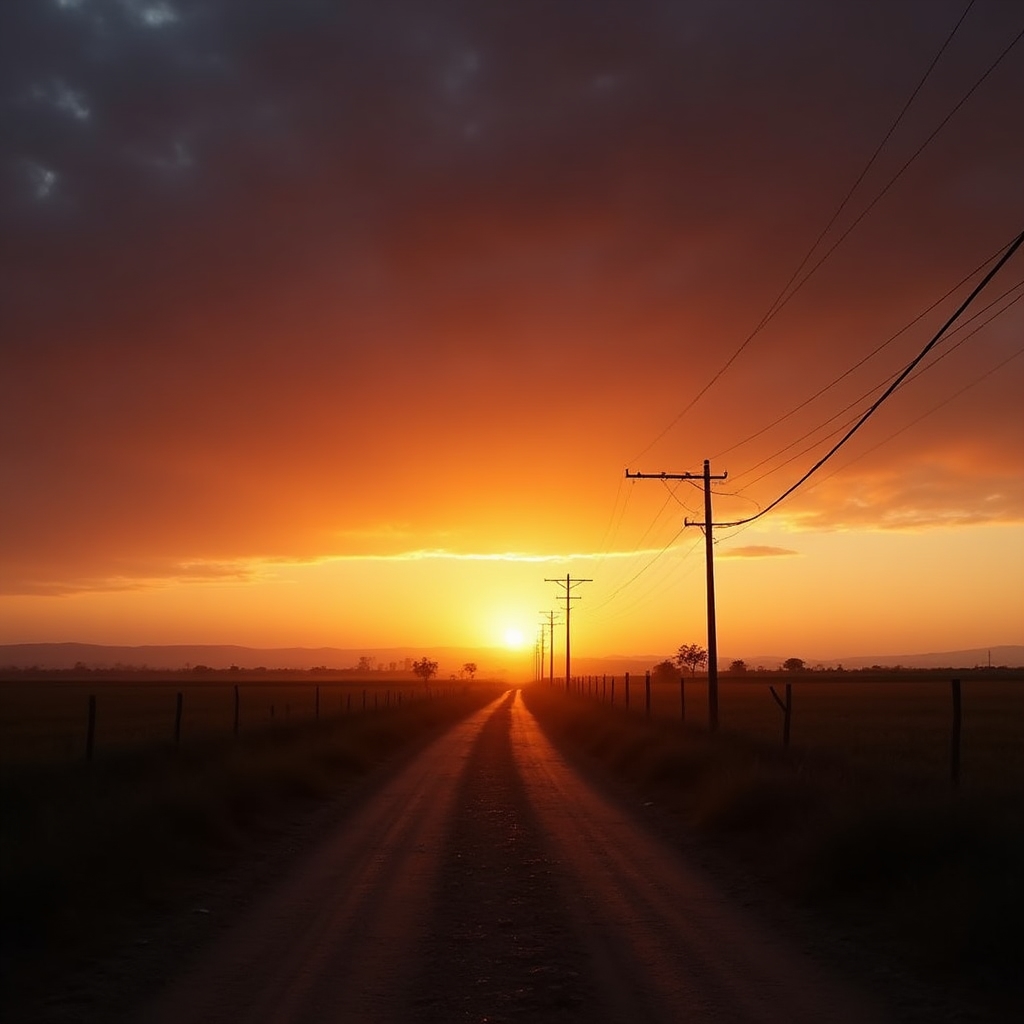 Camino rural al atardecer con instalación solar visible a la distancia en el campo bonaerense