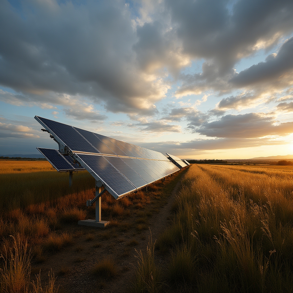 Estructura de paneles solares montada sobre el suelo en un establecimiento rural