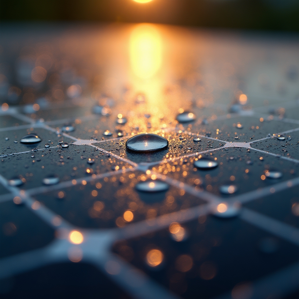 Primer plano de celdas de un panel solar con gotas de rocío bajo luz de amanecer