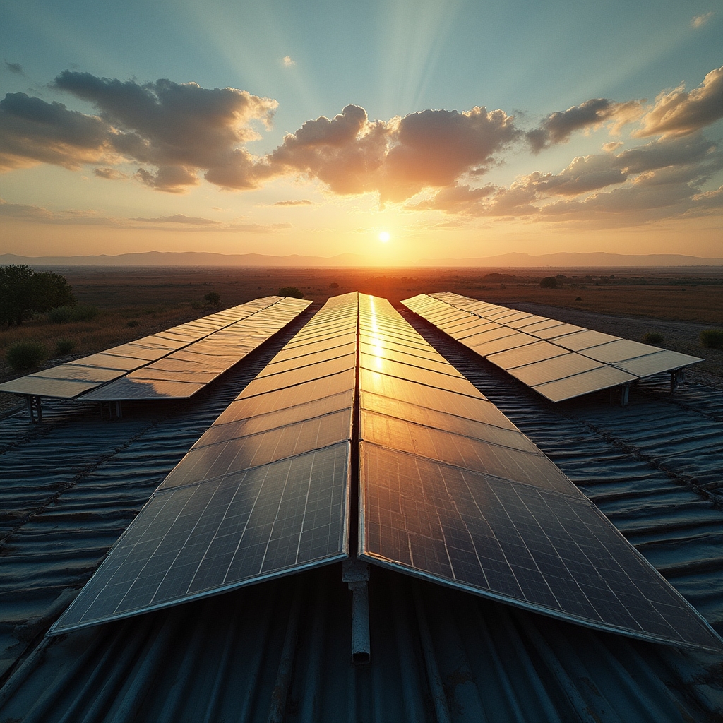 Galpón rural con paneles solares instalados en el techo durante el atardecer