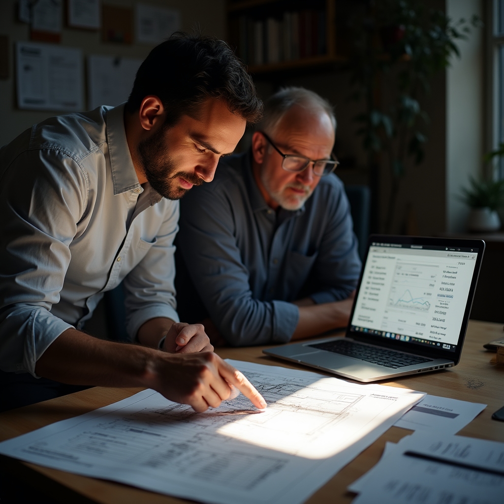 Consultor y propietario de comercio revisando planos y facturas eléctricas en una mesa de trabajo