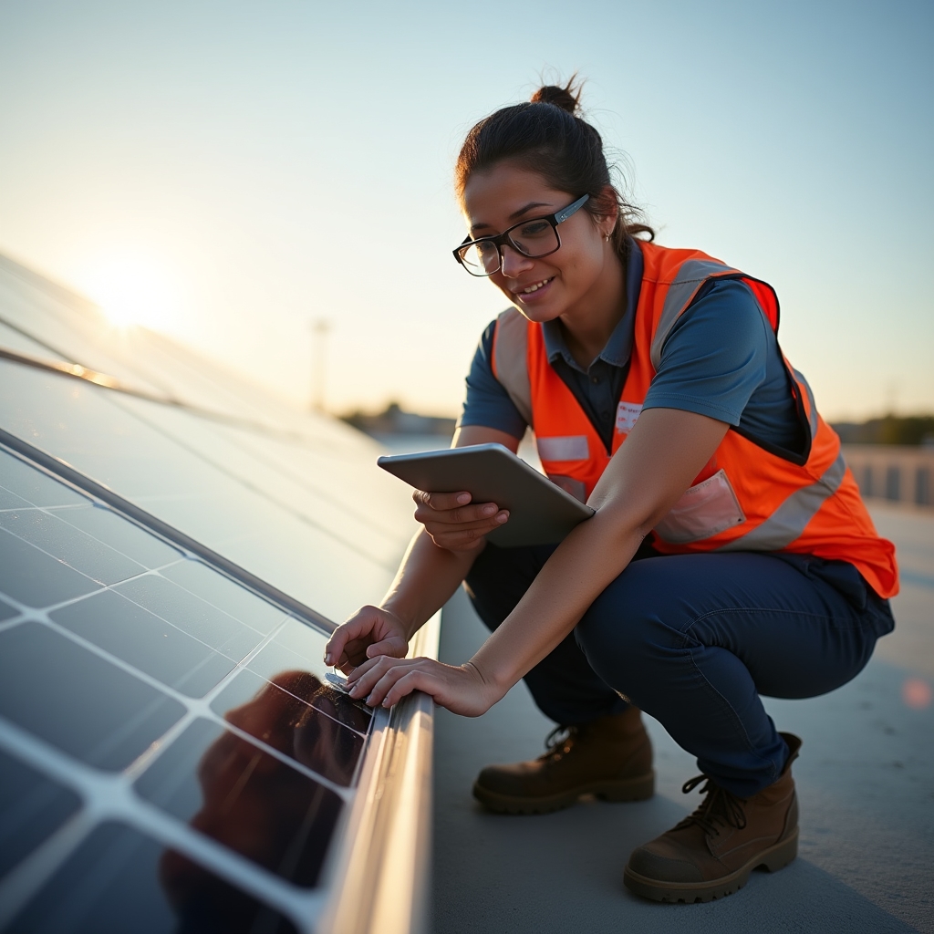 Técnico revisando paneles solares con una tablet durante una inspección semestral